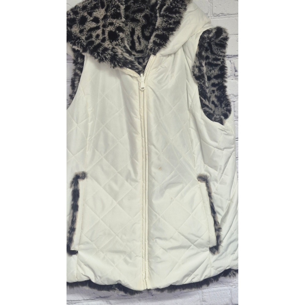 Kristen Blake Reversible Faux Fur Vest Snow Leopard Quilted Hooded Ivory Women - Picture 13 of 14